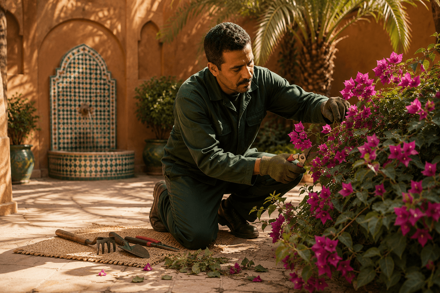 Jardinier SAJUP taillant un bougainvillier dans un riad à Marrakech