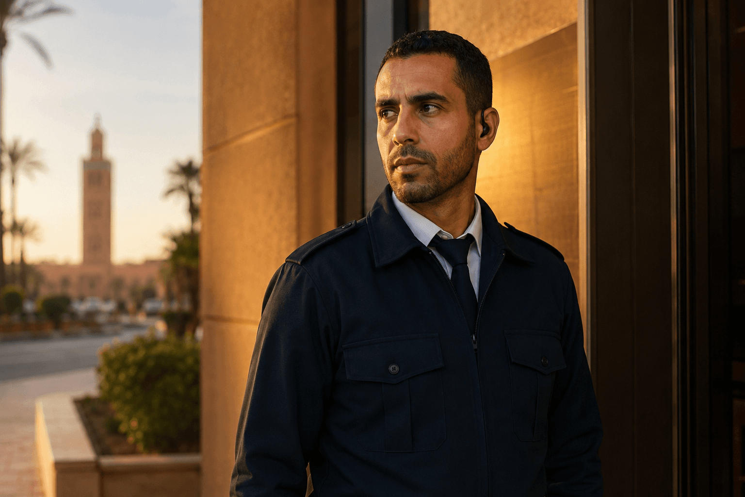 Agent de gardiennage SAJUP en poste devant la Koutoubia, Marrakech