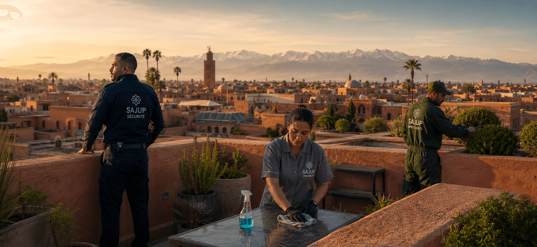 Équipes SAJUP — sécurité, propreté et espaces verts — en intervention sur un rooftop à Marrakech, avec l'Atlas en arrière-plan